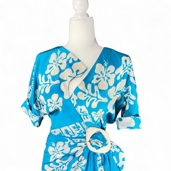 VTG Thierry Mugler 1990 Eté Hawaï Collection Tropical Silk Wrap Dress Blue 36 S - Picture 2 of 16